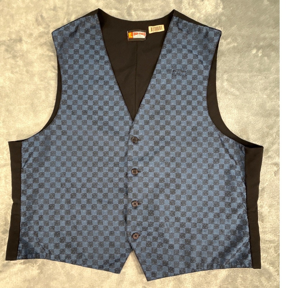 High Stakes Mens XL Blue Black Checkered Damask Uniform Vest Waistcoat USA Suit